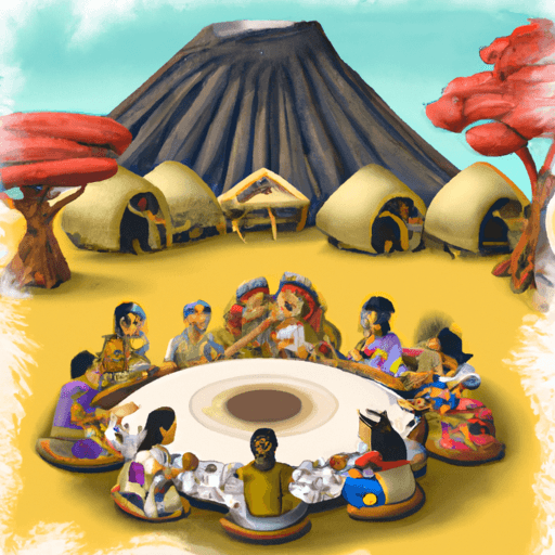 A serene Island setting, the volcano inactive, and different tribes gathering around a large table, negotiating a peaceful agreement. 