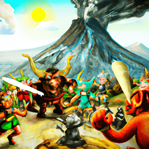 A fierce battle raging between the elf warriors and the troll army, with the volcano erupting in the background.